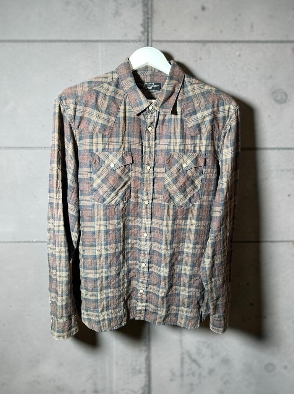 AllSaints Men's Large Plaid Long Sleeve Western Pearl Snap Shirt Brown Check